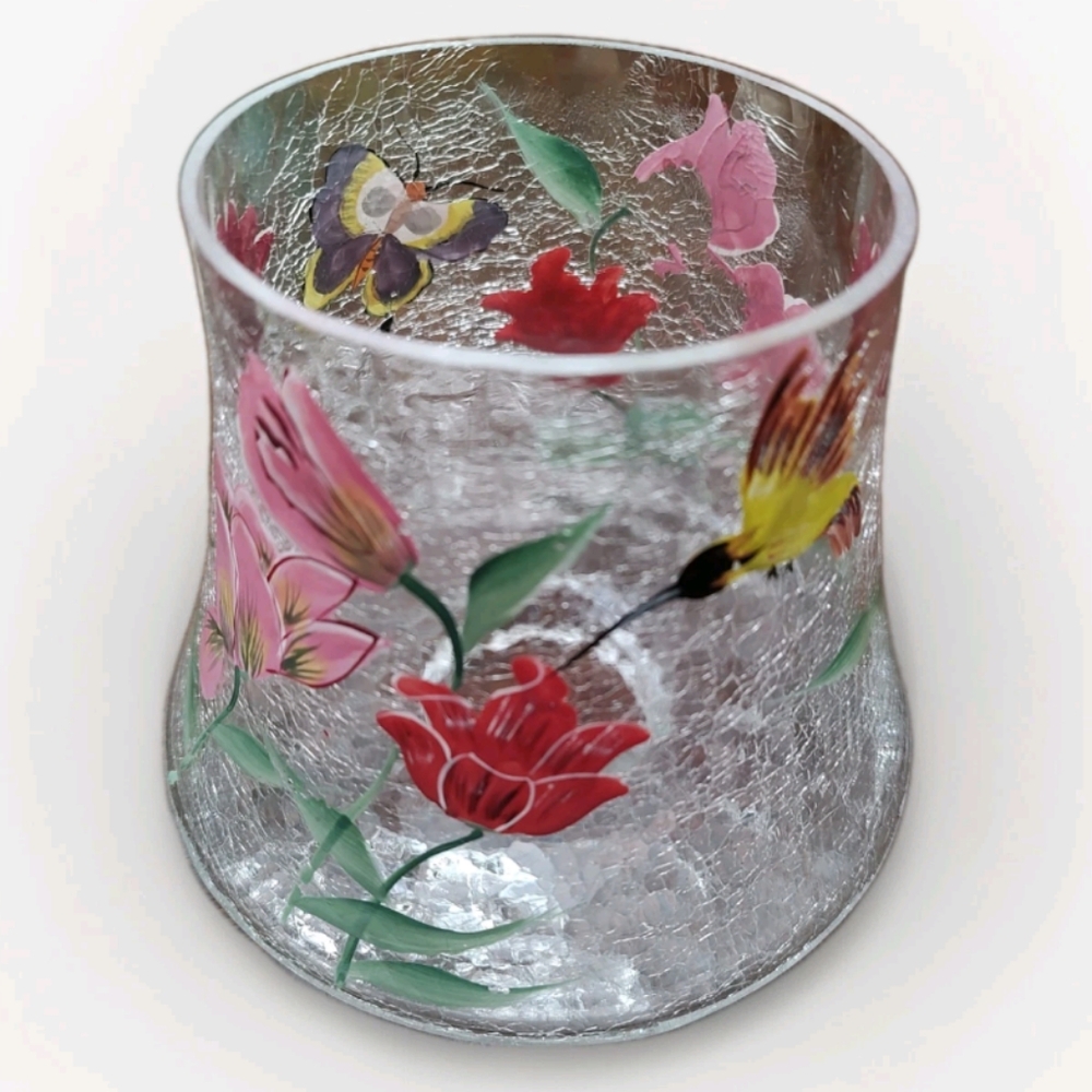 Yankee Candle Type Crackle Glass Jar topper Shade Butterfly, Tulips, Humingbird! - Picture 3 of 12